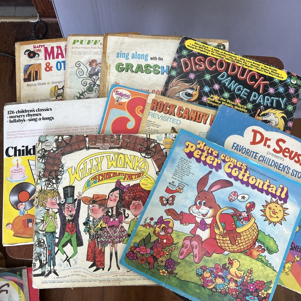 Lot Of 10 Vintage Children's Records Puff Dragon Dr Seus Willy Wonka Chipmunks